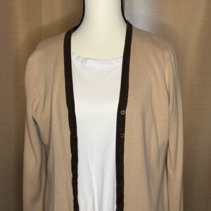 Casual Corner Tan Cardigan with Dark Brown Accents